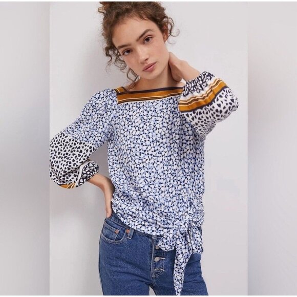 Maeve Anthropologie Philippa Blouse Printed Blue Top V-Back Womens Size M - Picture 1 of 11